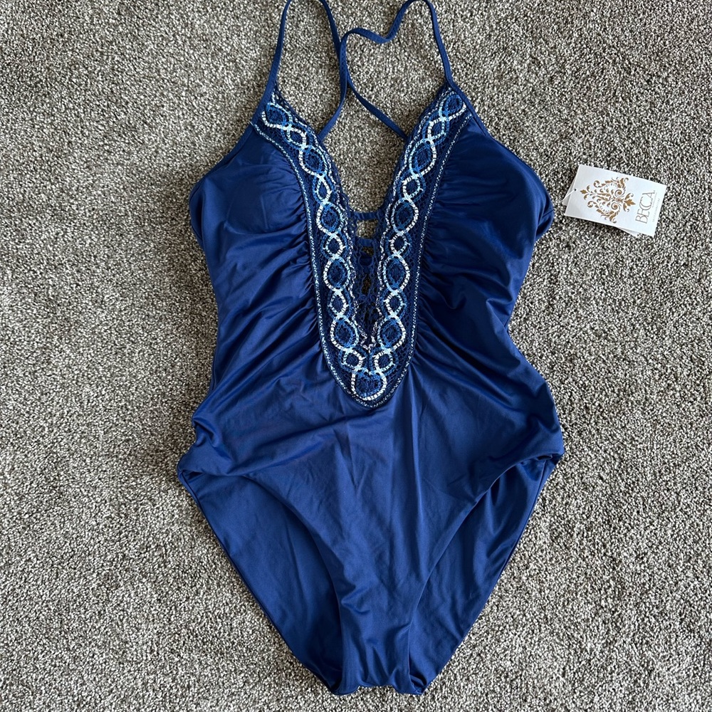 NWT Becca L Delilah Clare Navy Blue crochet one piece swim suit strap adjustable
